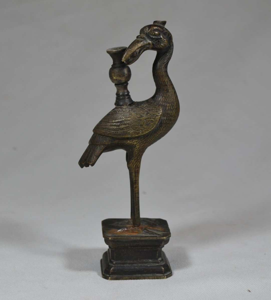 Pair Of Cast Bronze Cranes. Incense Holder Or Candlestick. China Qing Or Ming Period.-photo-2