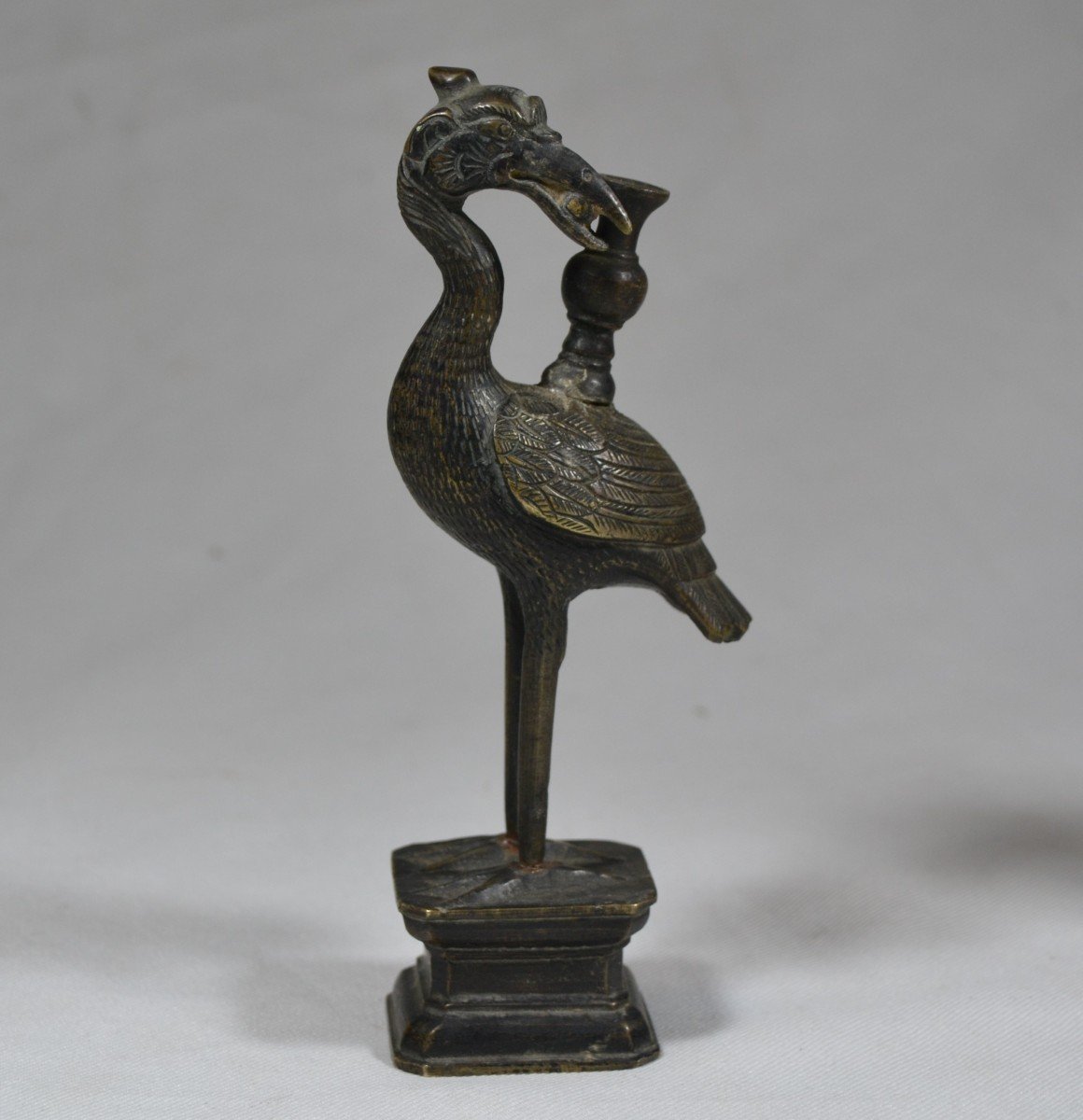 Pair Of Cast Bronze Cranes. Incense Holder Or Candlestick. China Qing Or Ming Period.-photo-2