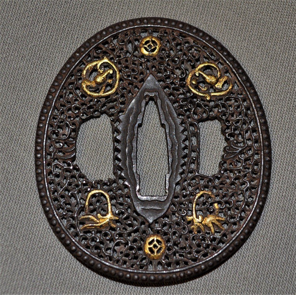 Iron Tsuba Cut With Dragons In The Namban Style. Detail Nunome-zogan.japan Edo 17th Century.-photo-1