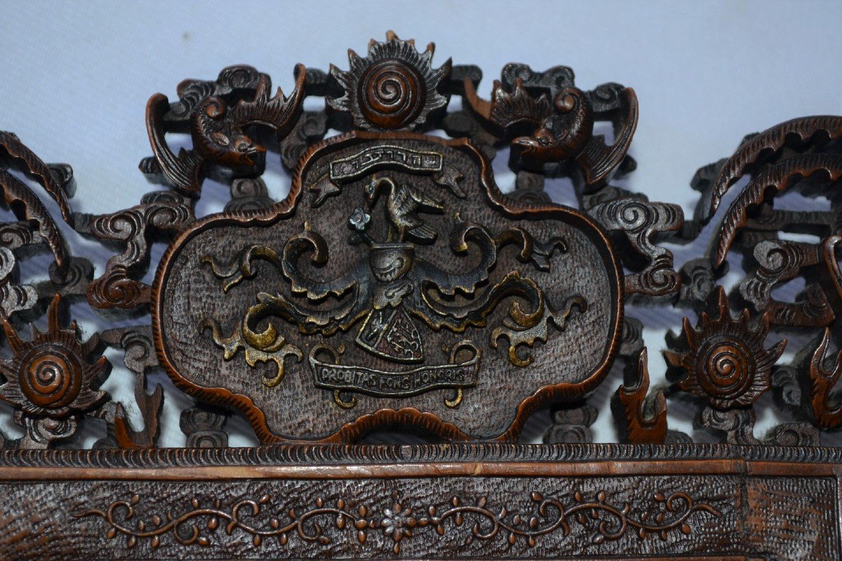 Pair Of Wooden Frames Carved With Dragons, Phoenix And European Coat Of Arms.china 19th Century.-photo-3