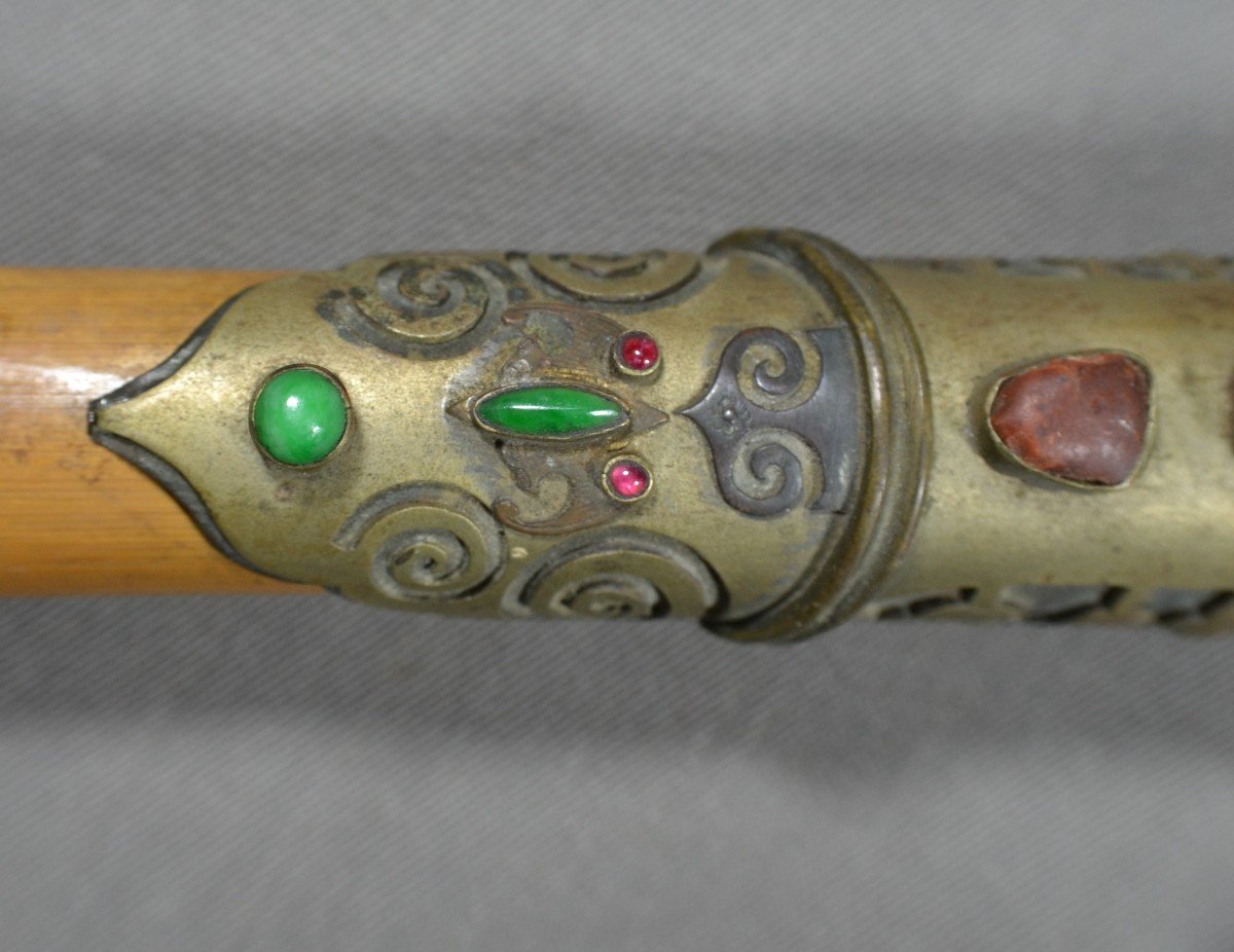 Bamboo Pipe, Frame In Cut Metals Inlaid With Jadeite.china Qing Dynasty.19th Century.-photo-8