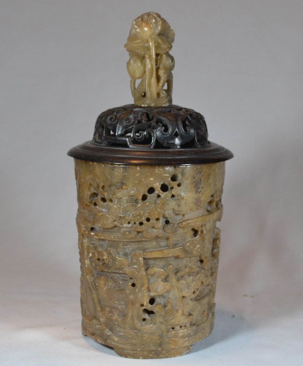 Perfume Burner Or Brush Pot In Soapstone Carved With Landscape. China Qing Dynasty 17°-19°.-photo-1