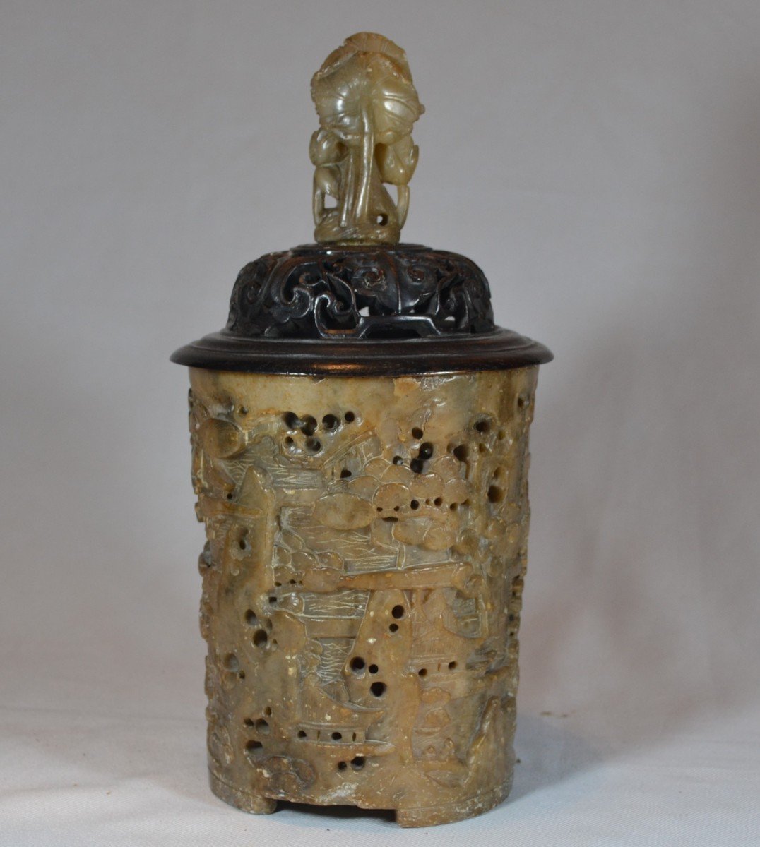 Perfume Burner Or Brush Pot In Soapstone Carved With Landscape. China Qing Dynasty 17°-19°.