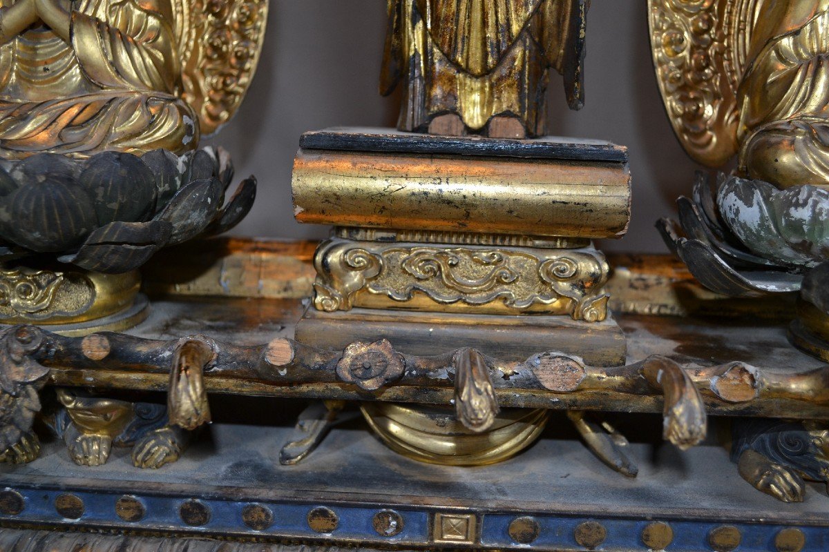 Japanese Altar In Gilded Lacquered Wood. Buddhist Trinity 15th And 18th Century.-photo-7