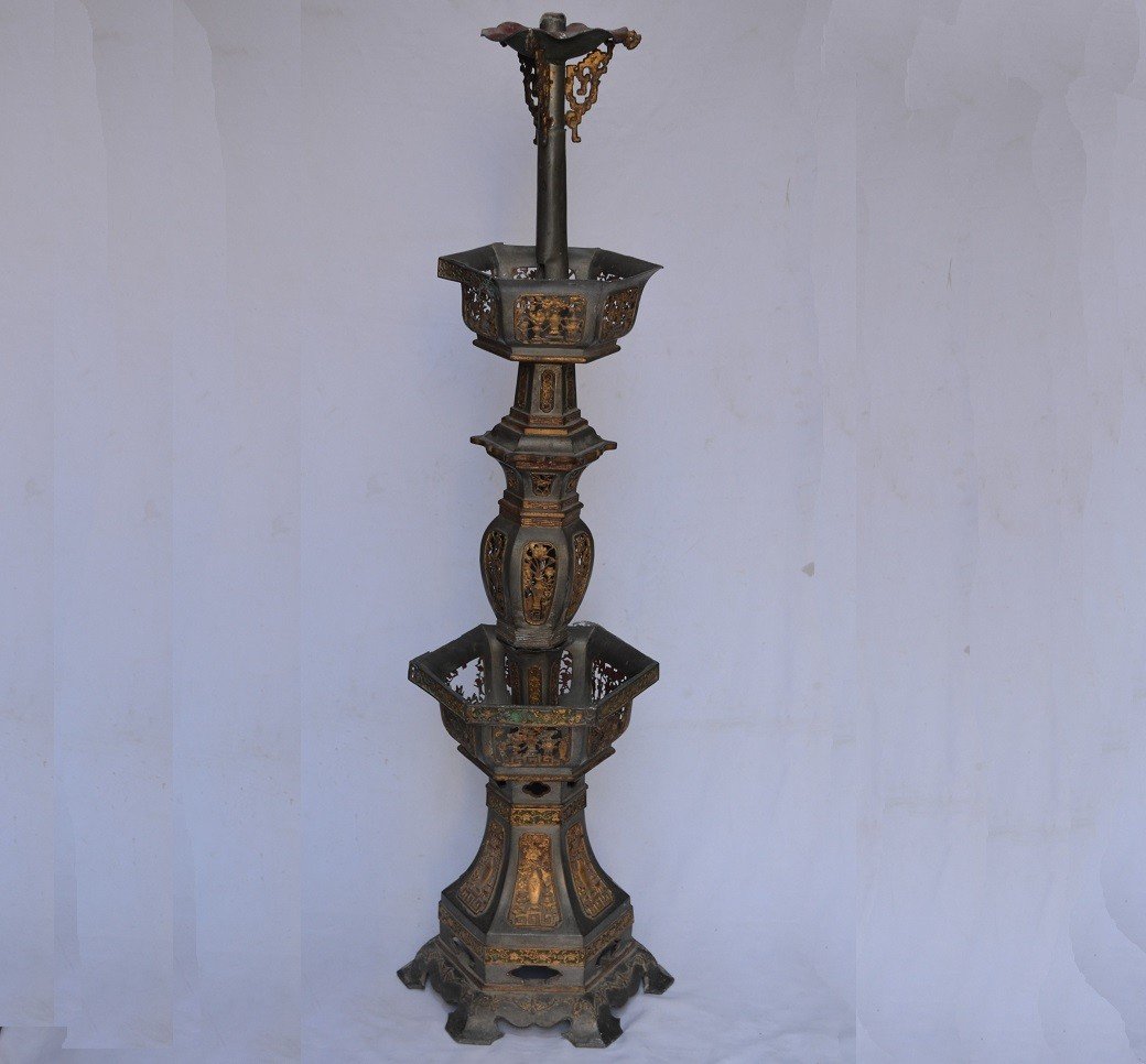 Large Gilded Lead Temple Candlestick. China, Qing Period.