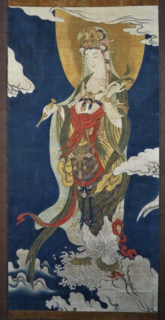 Kakemono. Aquarelle Sur Soie Représentant Guanyin.japon Période Edo-photo-2