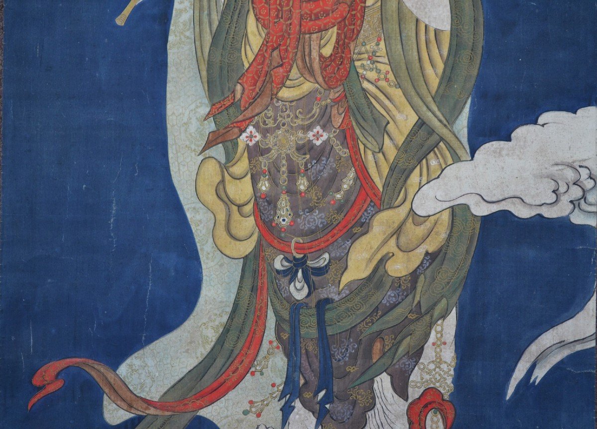 Kakemono. Aquarelle Sur Soie Représentant Guanyin.japon Période Edo-photo-4