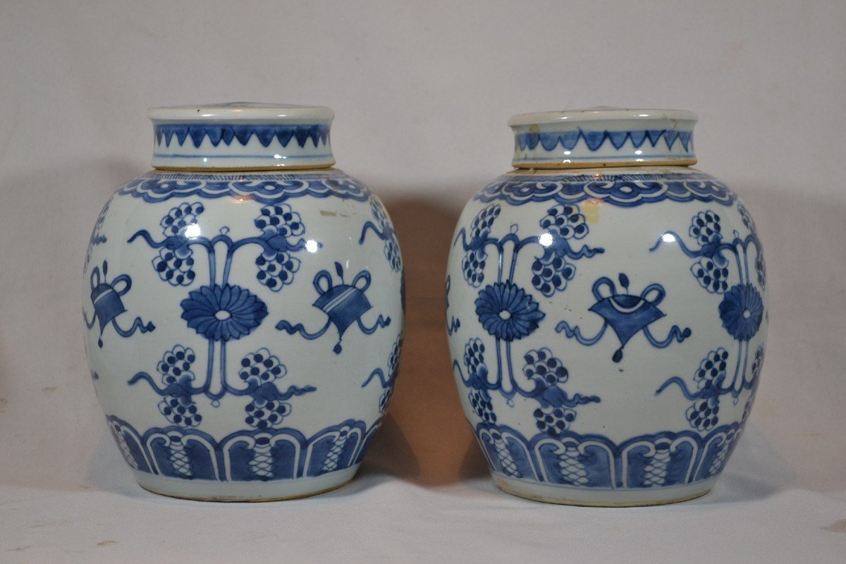 Pair Of Covered Jars In White And Blue Chinese Porcelain. 17th Century Period.