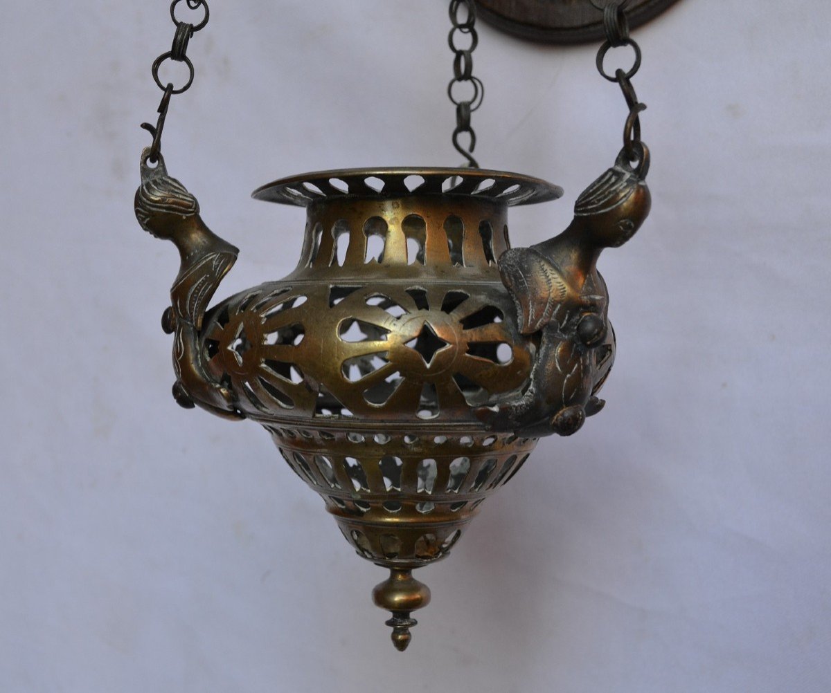 17th Century Bronze Lantern. 19th Century Wood And Bronze Frame.-photo-2