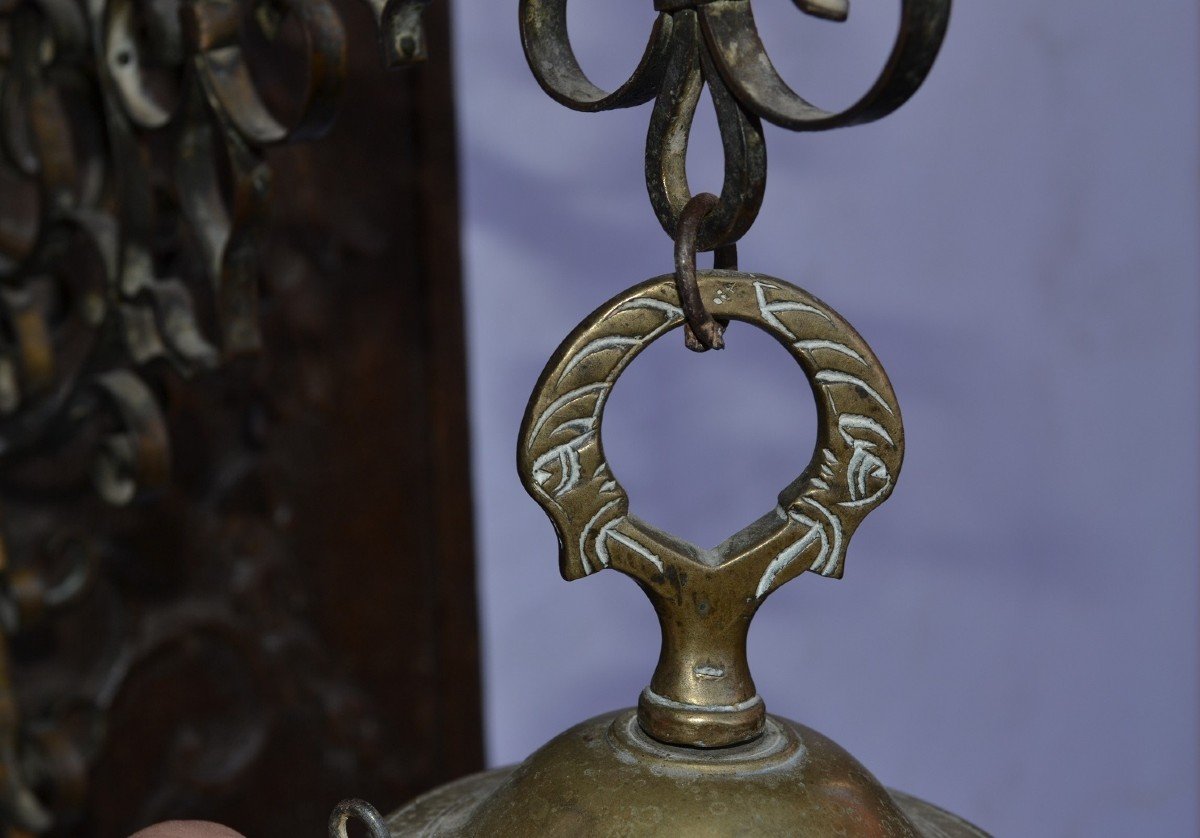 17th Century Bronze Lantern. 19th Century Wood And Bronze Frame.-photo-4