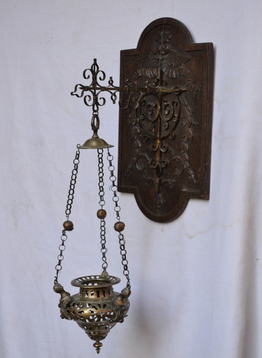 17th Century Bronze Lantern. 19th Century Wood And Bronze Frame.