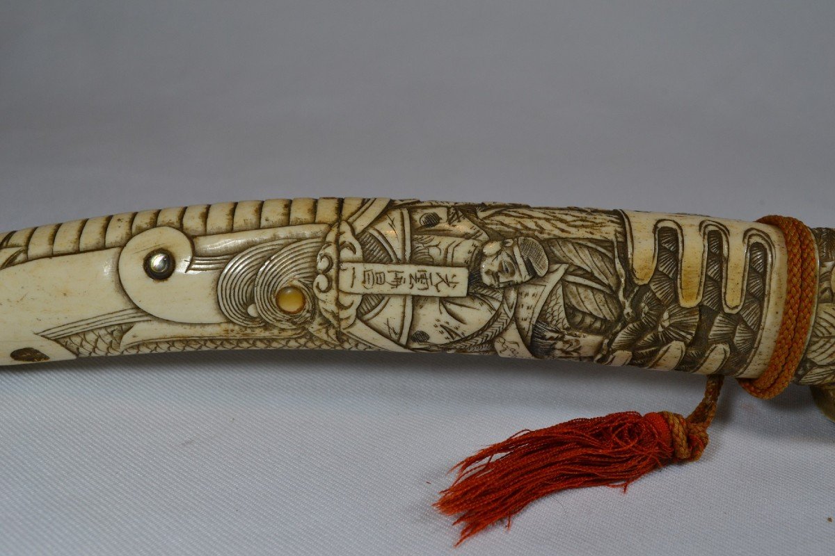 Japanese Carved Bone Dagger (tanto). Signed. Meiji Period. End Of 19th Century.-photo-3