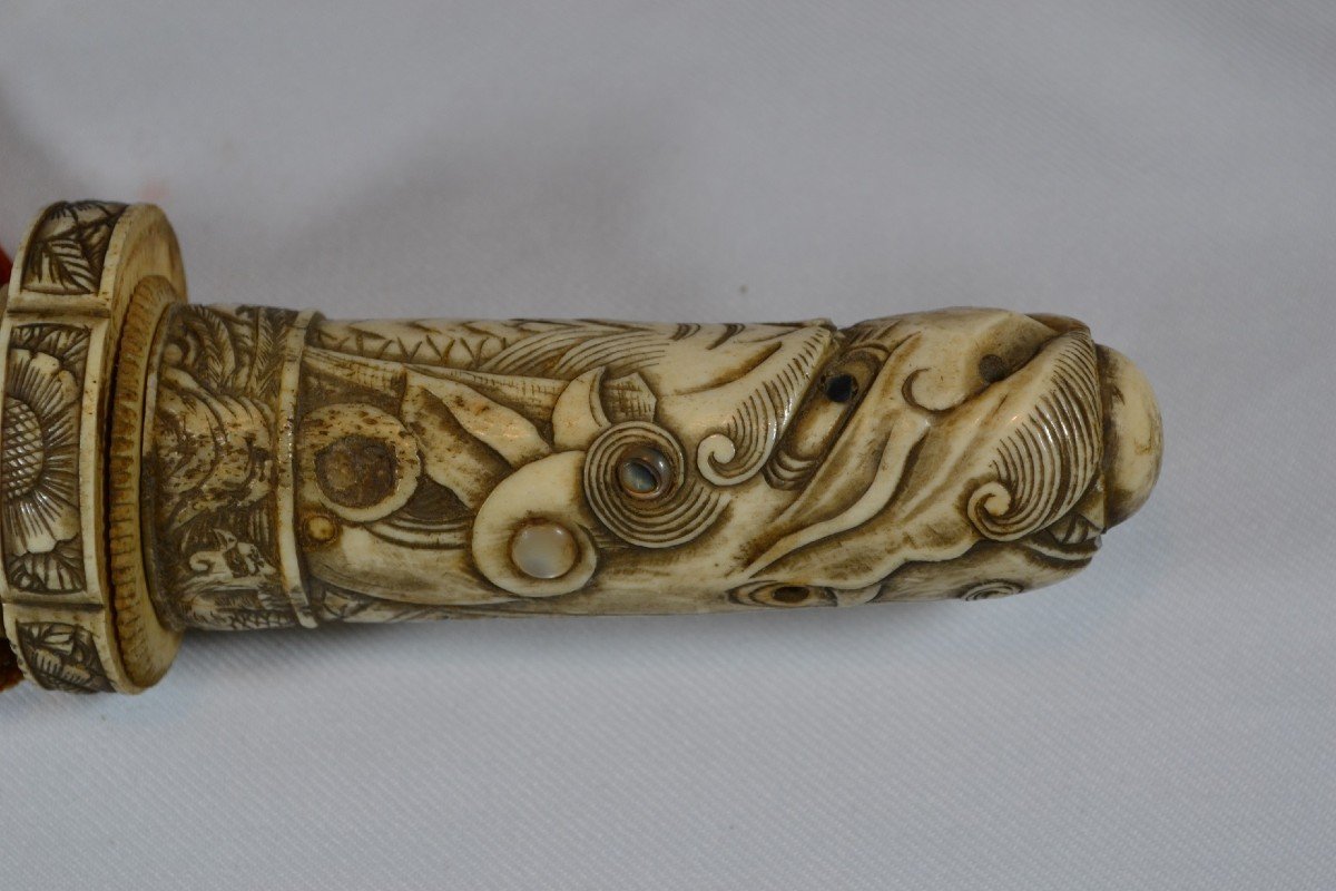 Japanese Carved Bone Dagger (tanto). Signed. Meiji Period. End Of 19th Century.-photo-4