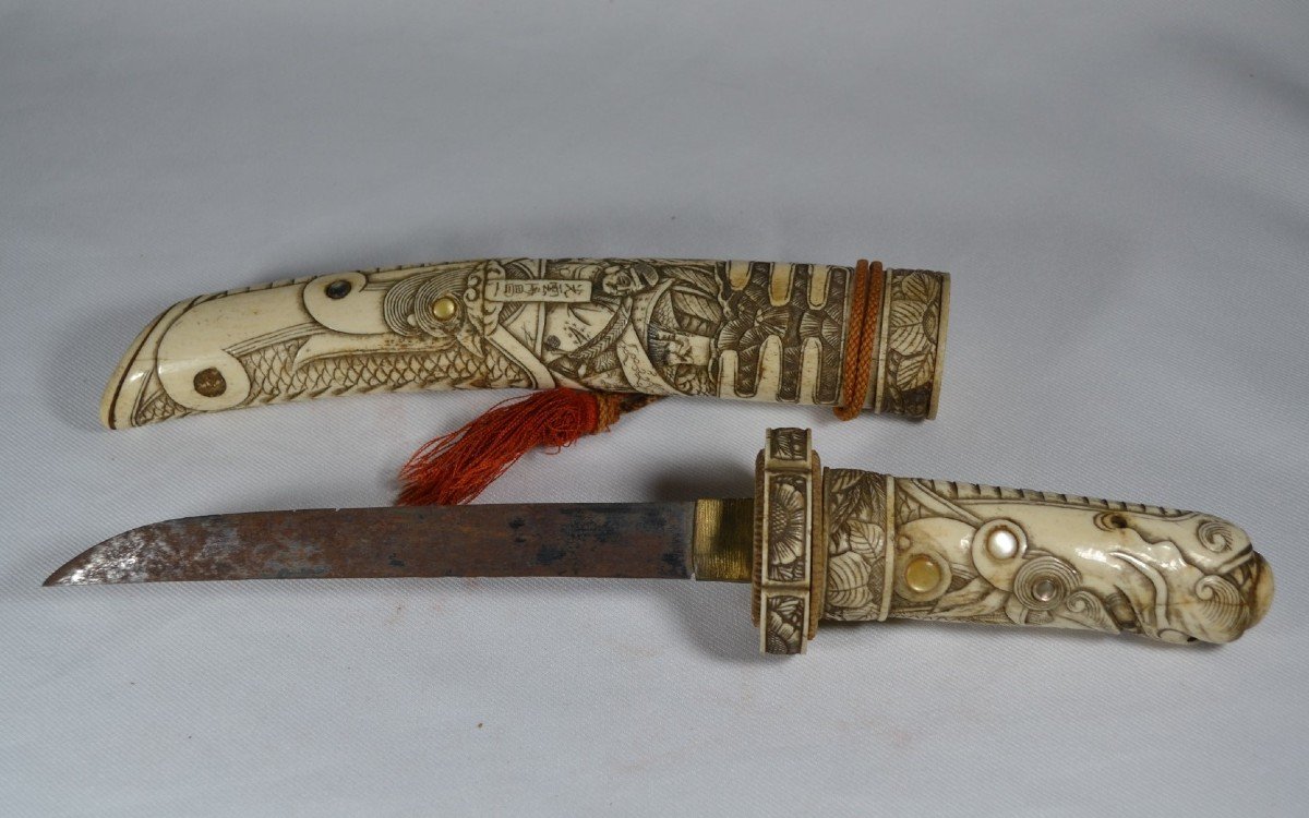 Japanese Carved Bone Dagger (tanto). Signed. Meiji Period. End Of 19th Century.-photo-8