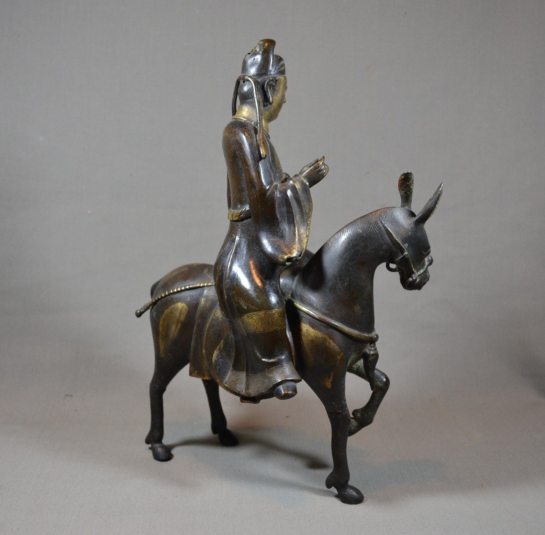 Su-shi Chevauchant Sa Mule En Bronze Doré d'époque Ming, Chine 17e Siècle-photo-4