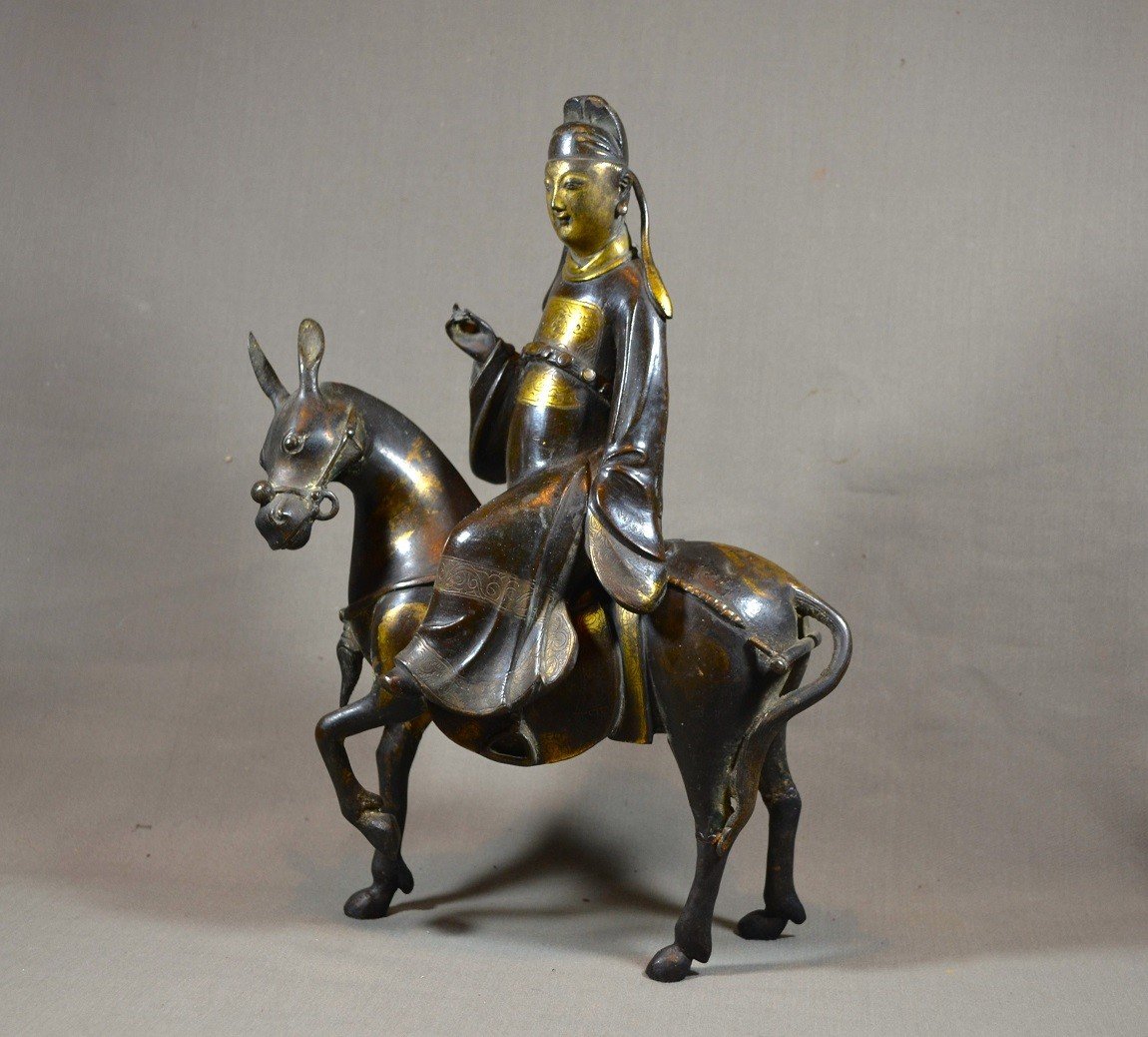 Su-shi Chevauchant Sa Mule En Bronze Doré d'époque Ming, Chine 17e Siècle-photo-2