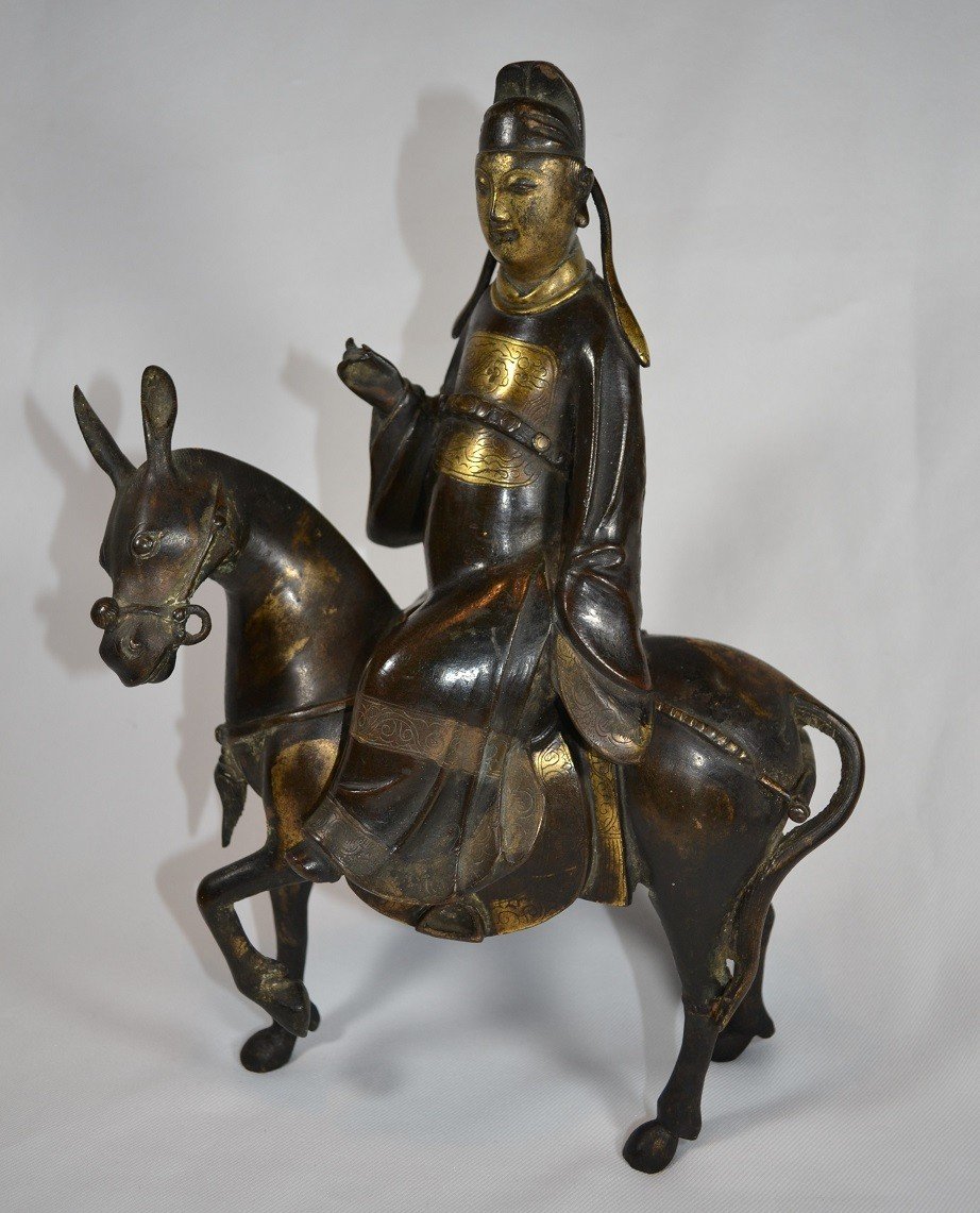 Su-shi Chevauchant Sa Mule En Bronze Doré d'époque Ming, Chine 17e Siècle