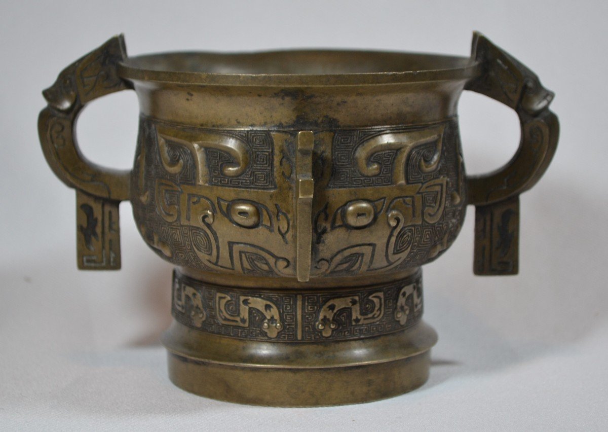 Chinese Cast Bronze Censer. Archaic Style Decor. China Qing Period.-photo-3