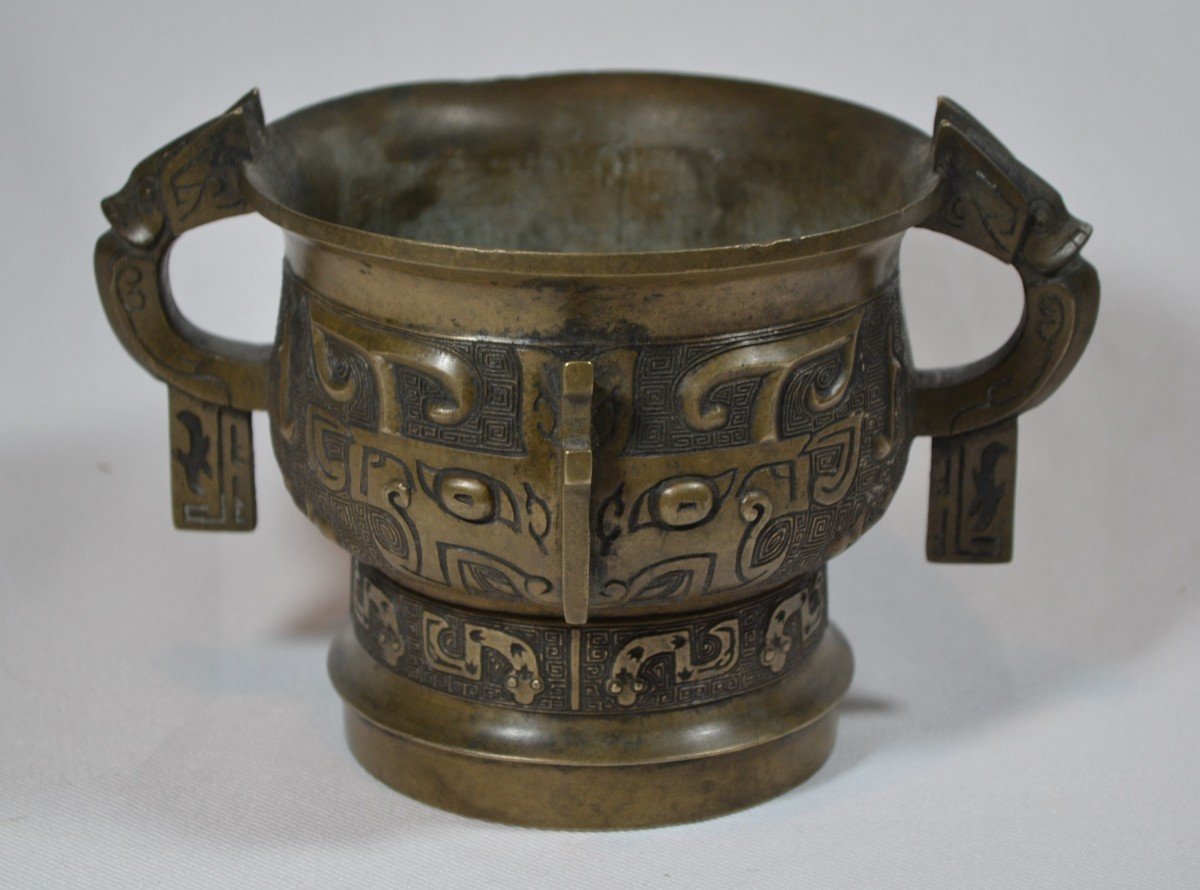 Chinese Cast Bronze Censer. Archaic Style Decor. China Qing Period.-photo-5