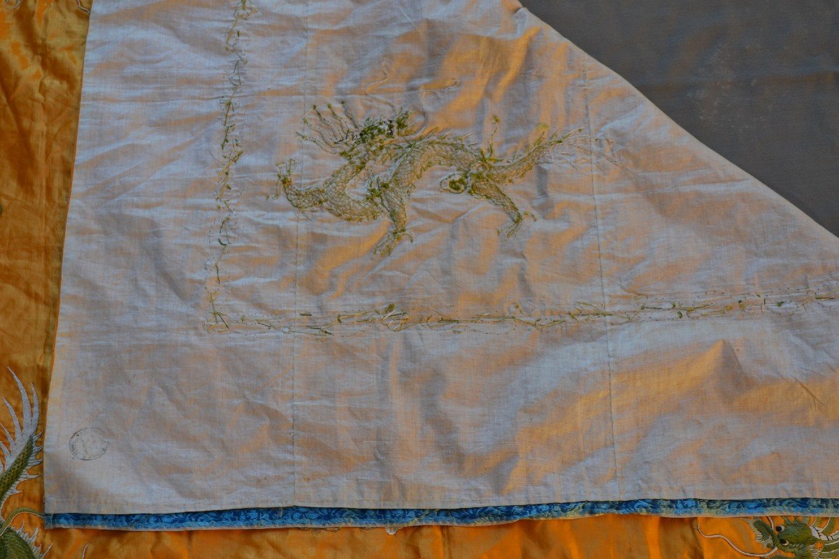 Yellow Silk Square Embroidered With Dragons. China End Of Qing Circa 1900.-photo-7