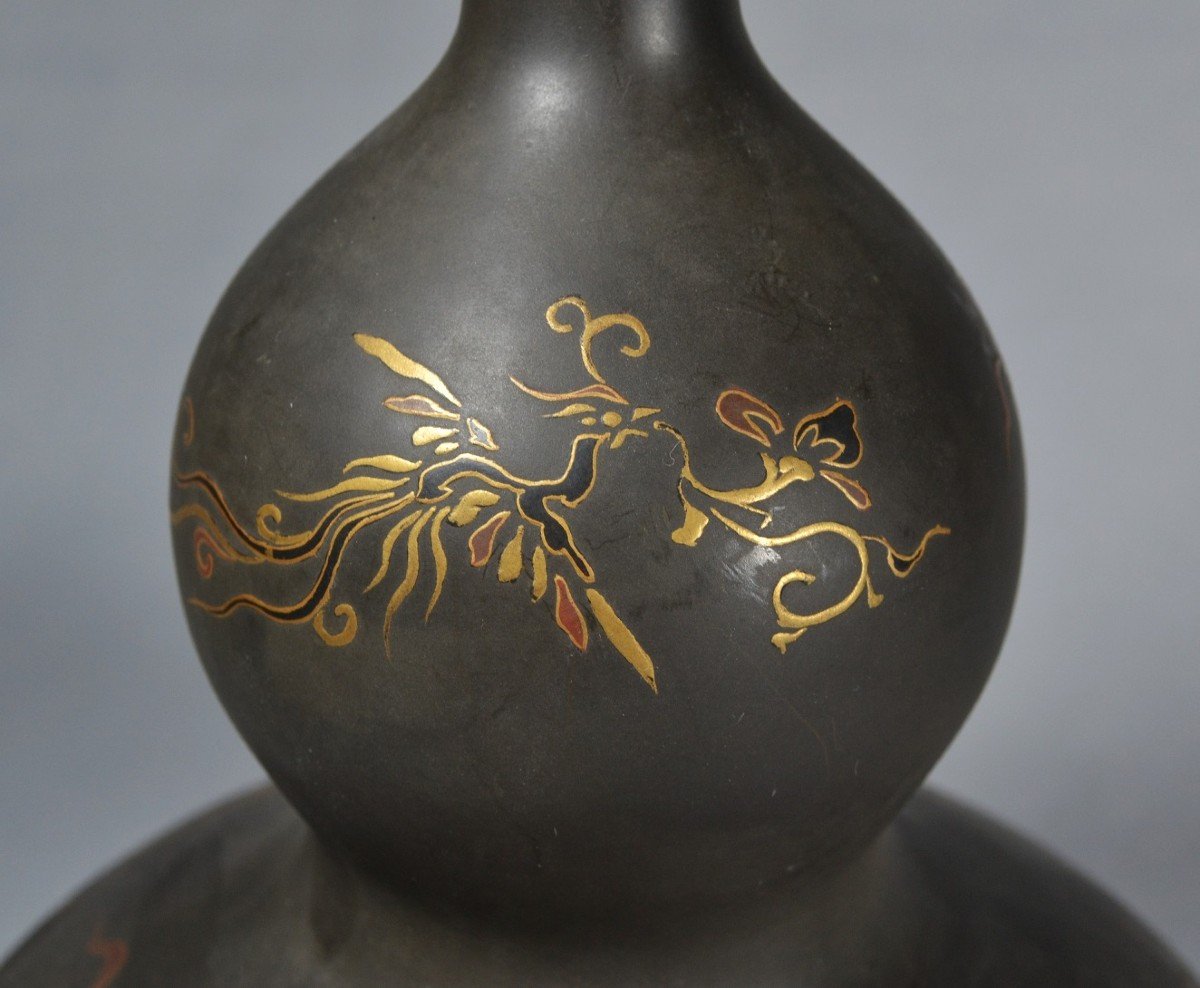 Bottle (tokkuri) In Lacquered And Gold Powdered Pewter. Japan 19° Edo Or Meiji.-photo-4