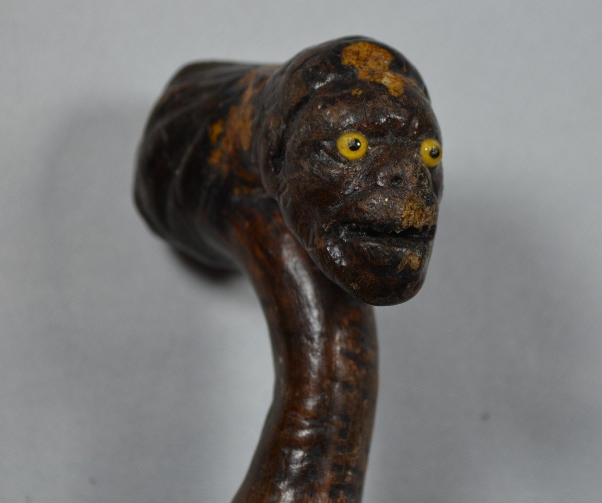 Wooden Cane Carved With Creatures. Old Folk Work