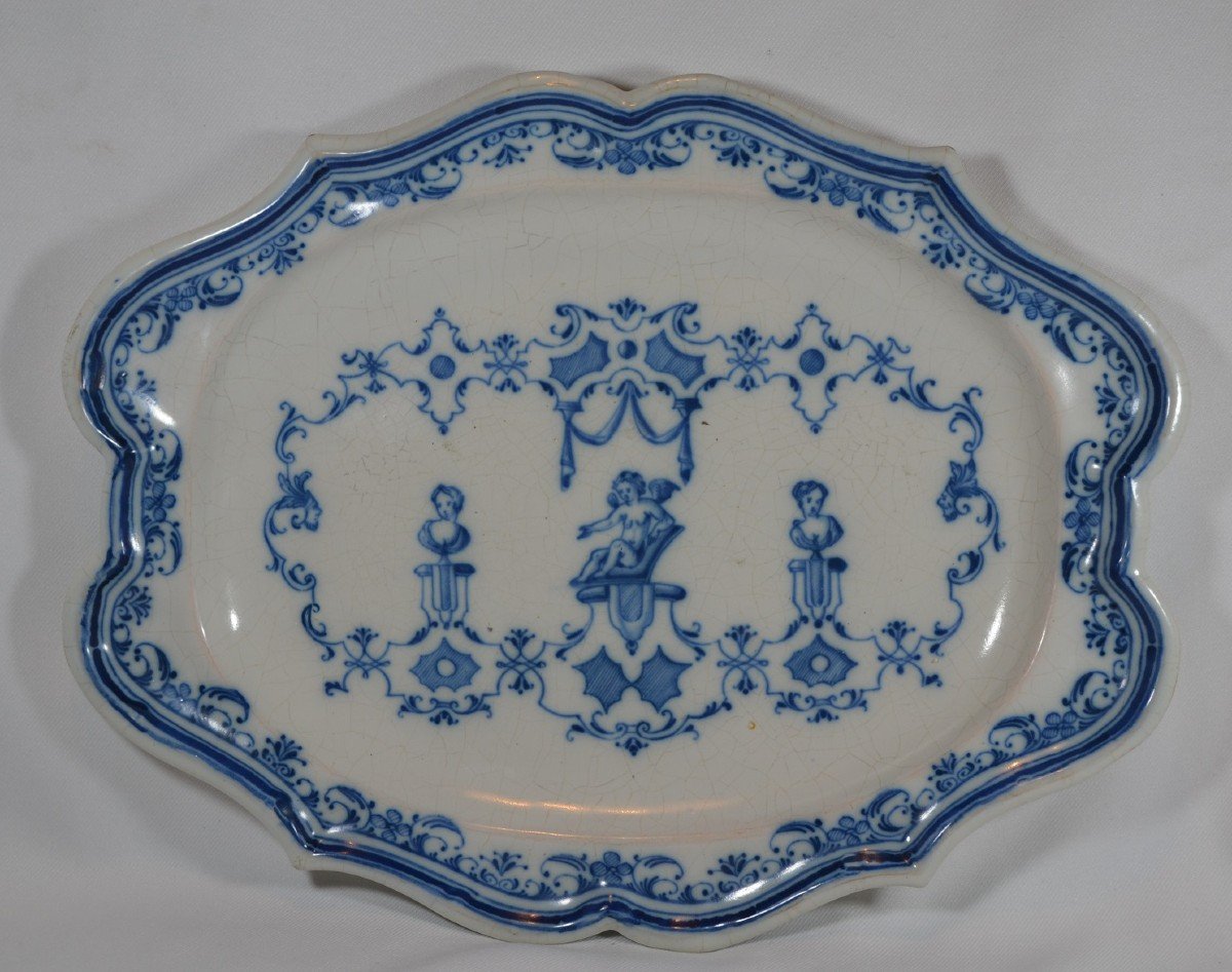 Earthenware Dish Decorated With Bérain.moustier Or Lyon 18th Century.