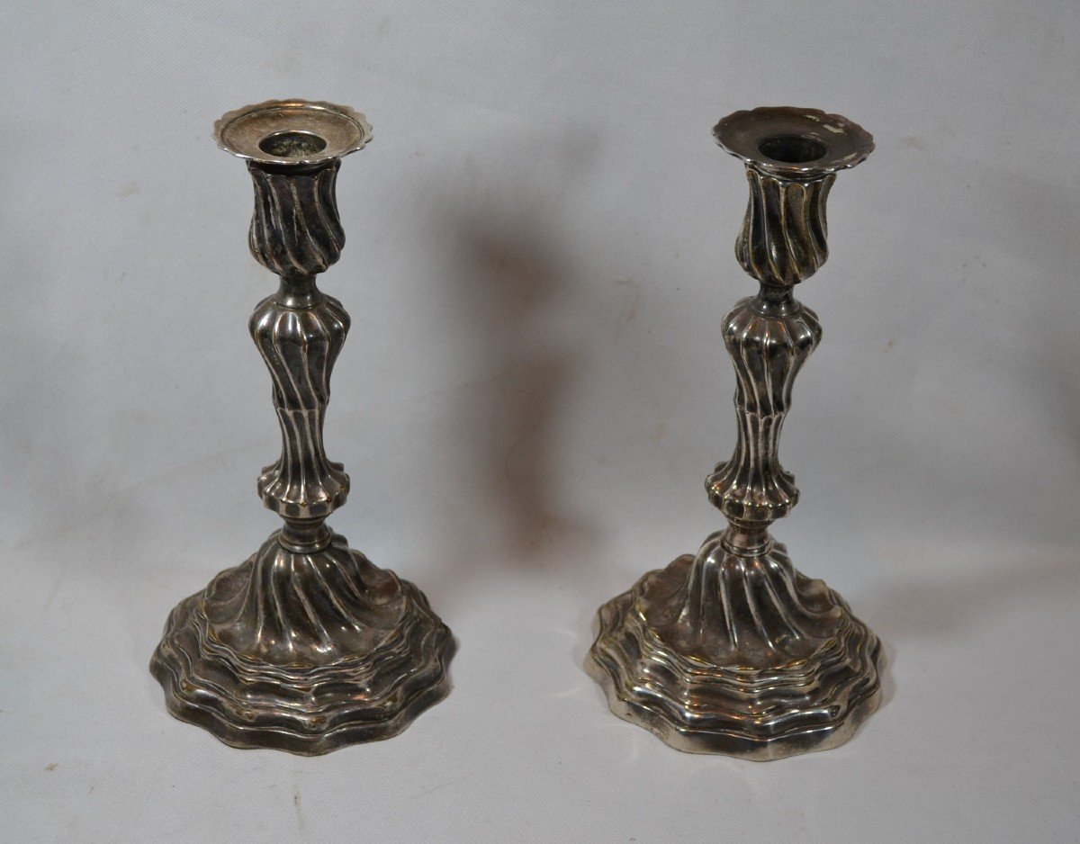 Pair Of 18th Century Silver Plated Bronze Candlesticks. -photo-1