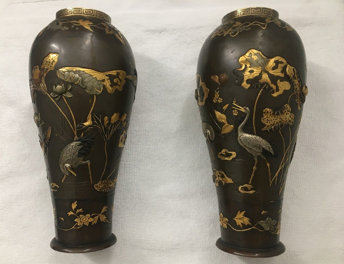 Pair Of Mixed Metal Vases. Japan Meiji Period End Of 19th Century. 