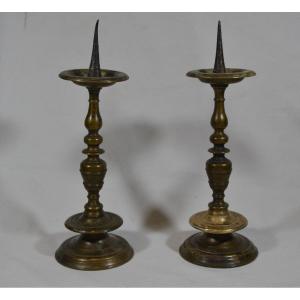 Pair Of Bronze Candlesticks. 17th Century.