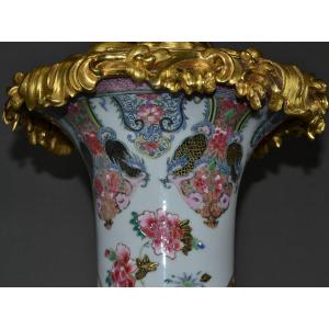 China Yongzheng Porcelain Khou Vase. Mount In Gilt Bronze.