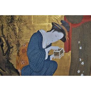 Paravent Japonais peinture sur papier et feuilles d'or. Bijin Chasse Aux Lucioles. Période Edo.