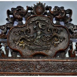 Pair Of Wooden Frames Carved With Dragons, Phoenix And European Coat Of Arms.china 19th Century.