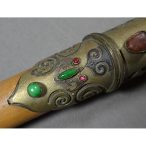 Bamboo Pipe, Frame In Cut Metals Inlaid With Jadeite.china Qing Dynasty.19th Century.