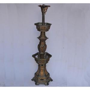 Large Gilded Lead Temple Candlestick. China, Qing Period.