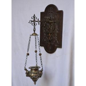 17th Century Bronze Lantern. 19th Century Wood And Bronze Frame.