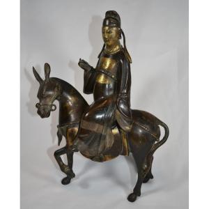 Su-shi Chevauchant Sa Mule En Bronze Doré d'époque Ming, Chine 17e Siècle