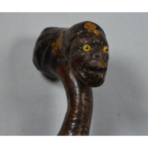 Wooden Cane Carved With Creatures. Old Folk Work