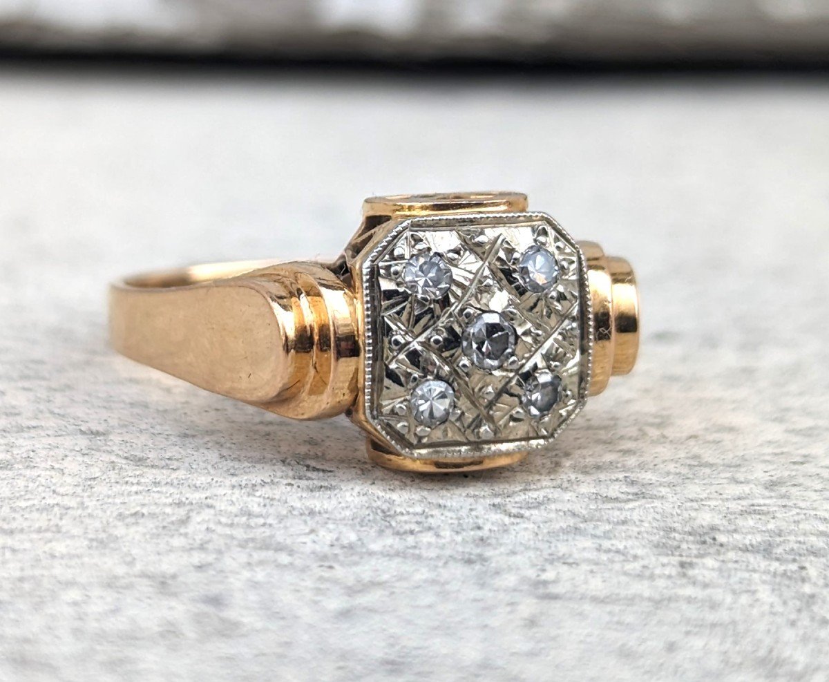 Yellow Gold And Diamonds Tank Ring  Vintage Ring-photo-2