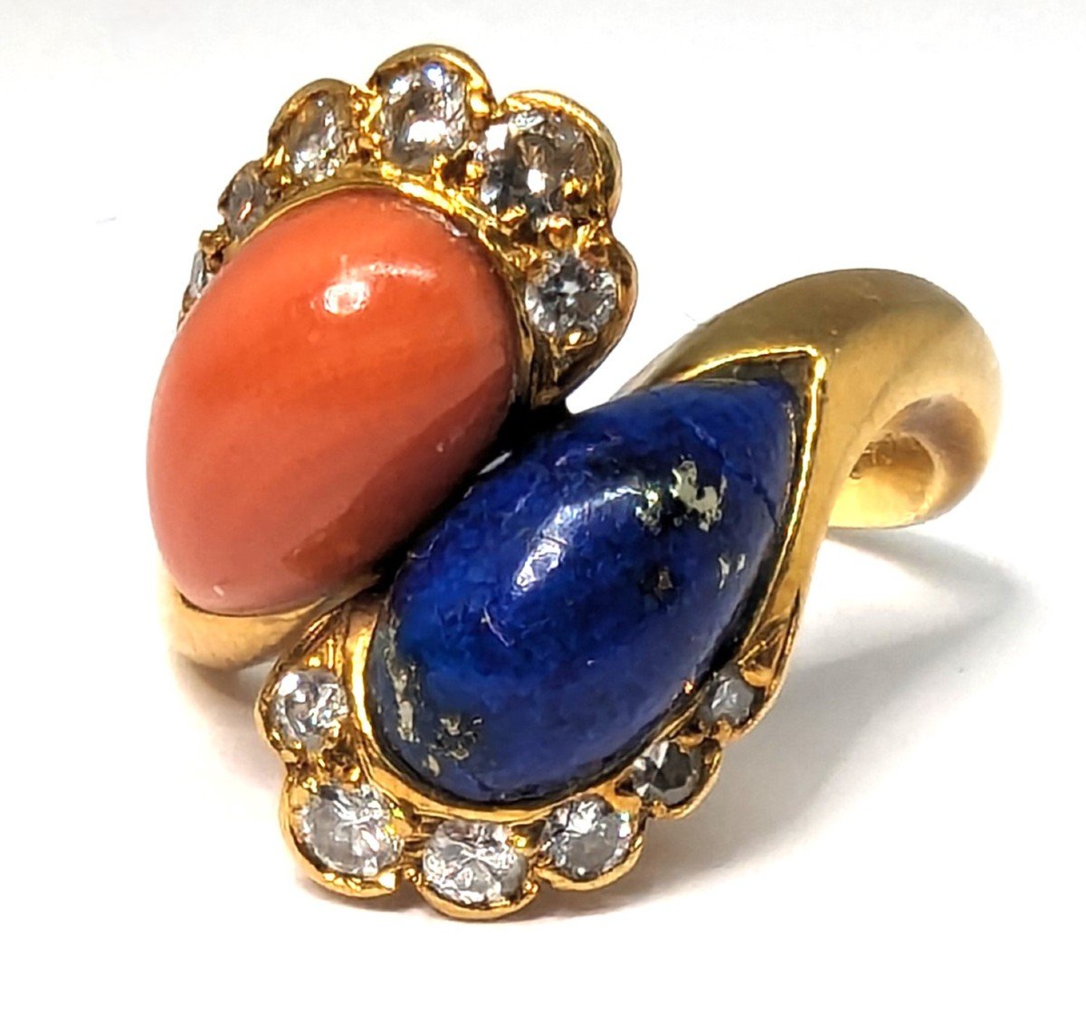 Bague Vintage En Or Jaune, Corail, Lapis Lazuli Et Diamants