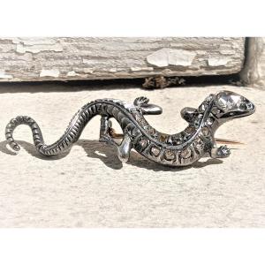 Antique Lizard Brooch In Gold, Silver And Diamonds Vintage Brooch