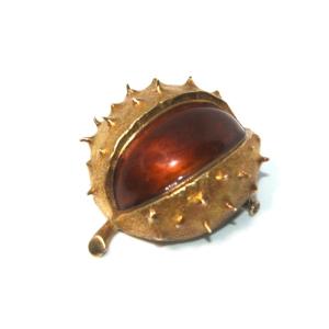 Broche Châtaigne Vintage En Or 18 Carats Et émail