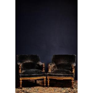 Late 19th Century Pair Of Blue Velvet Armchairs With Wooden Shell And Carved 