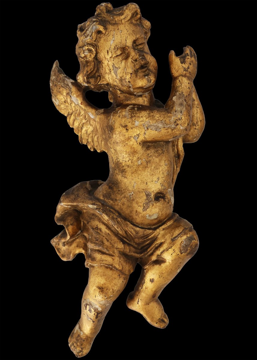 An Italian Pair Of Winged Cherubs In Carved And Gilded Wood, 18th Century-photo-3