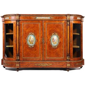 An English Olive Root Sideboard With Porcelain Plaques, Second Half Of The 19th Century