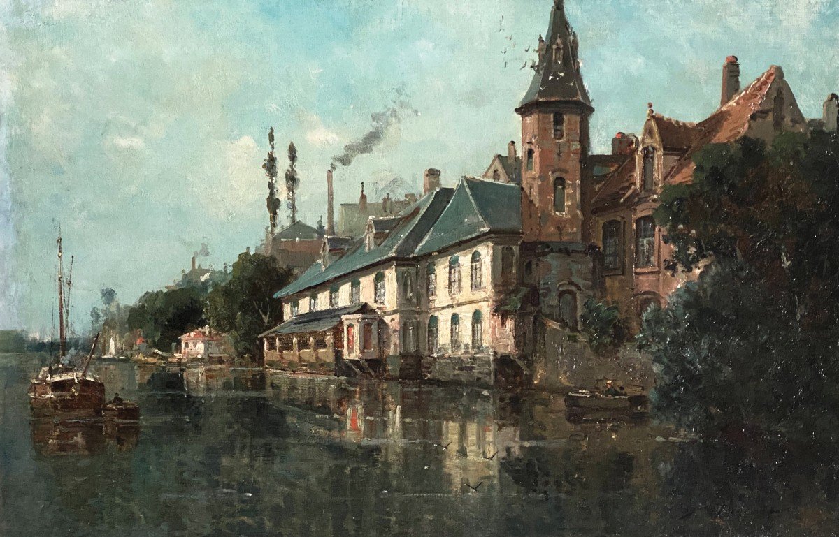 Gustave Mascart (1834-1914) View Of The Ghent Canal Oil On Canvas Signed Lower Right