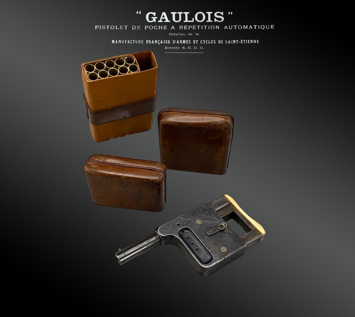 Automatic Repeater Pistol “gaul” No. 4, With Fauve Leather Case France 19th Century-photo-2