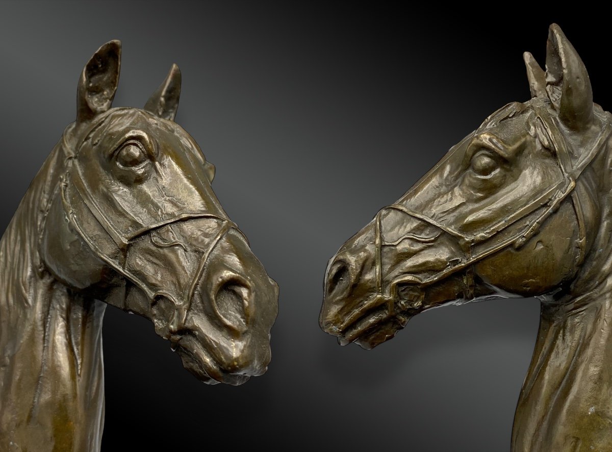 Pair Of Horse Heads; Bronze Sculpture Signed J. Reyol. France 20th Century-photo-2