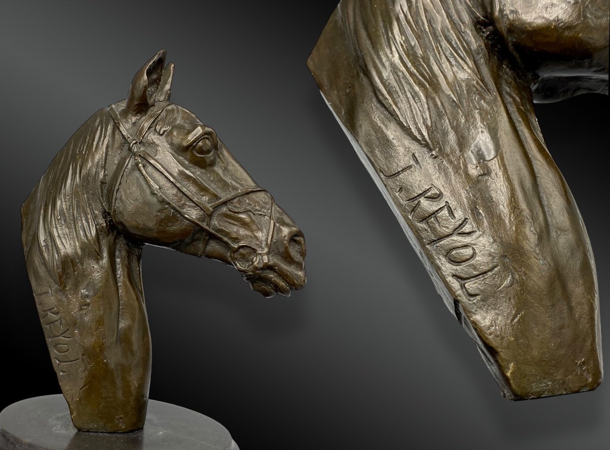 Pair Of Horse Heads; Bronze Sculpture Signed J. Reyol. France 20th Century-photo-3