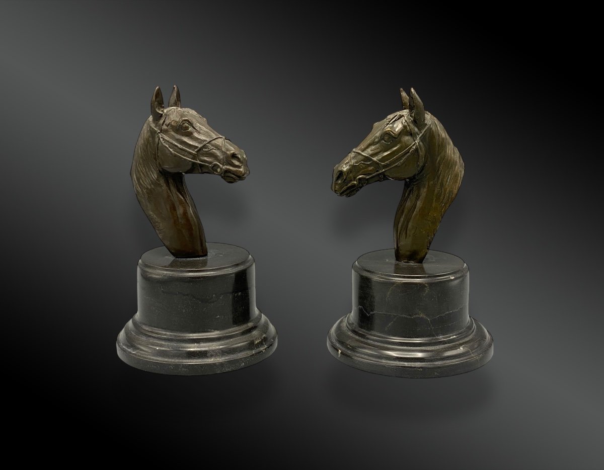 Pair Of Horse Heads; Bronze Sculpture Signed J. Reyol. France 20th Century